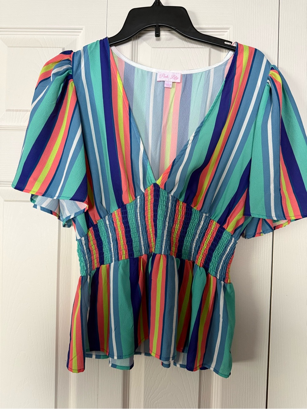 Pink Lily Multicolor Striped V-Neck Peplum Blouse
